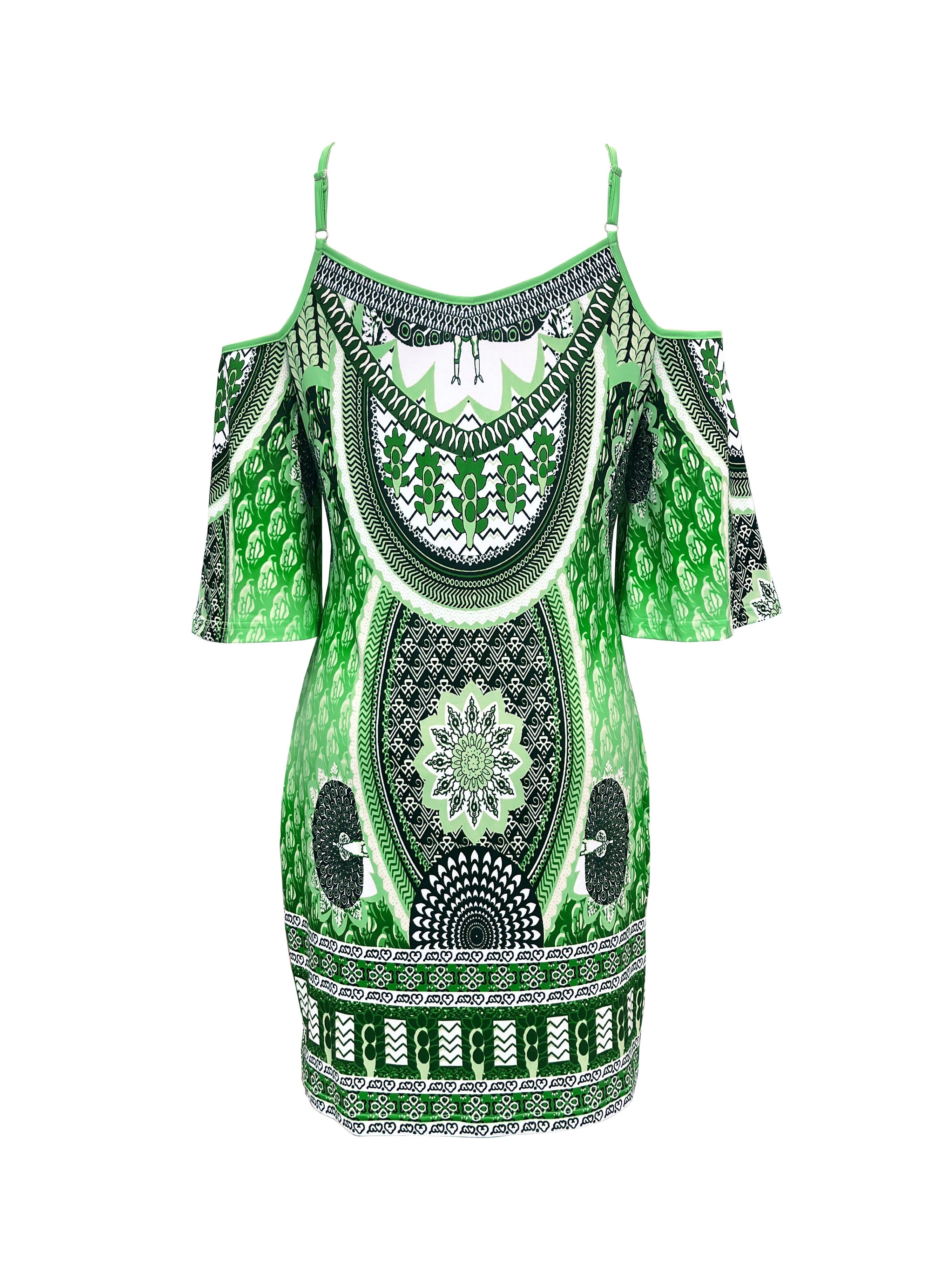 Boho Style Cold Shoulder Dress, Casual Flare Sleeve Spaghetti Strap Dress For Vacation, Women's Clothing